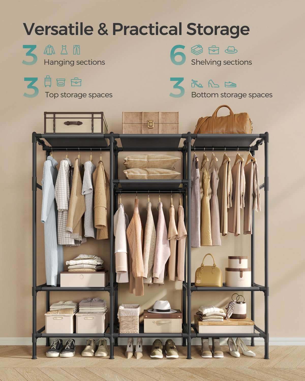 74.8” High Clothes Rack With Hanging Rails - product photo 04