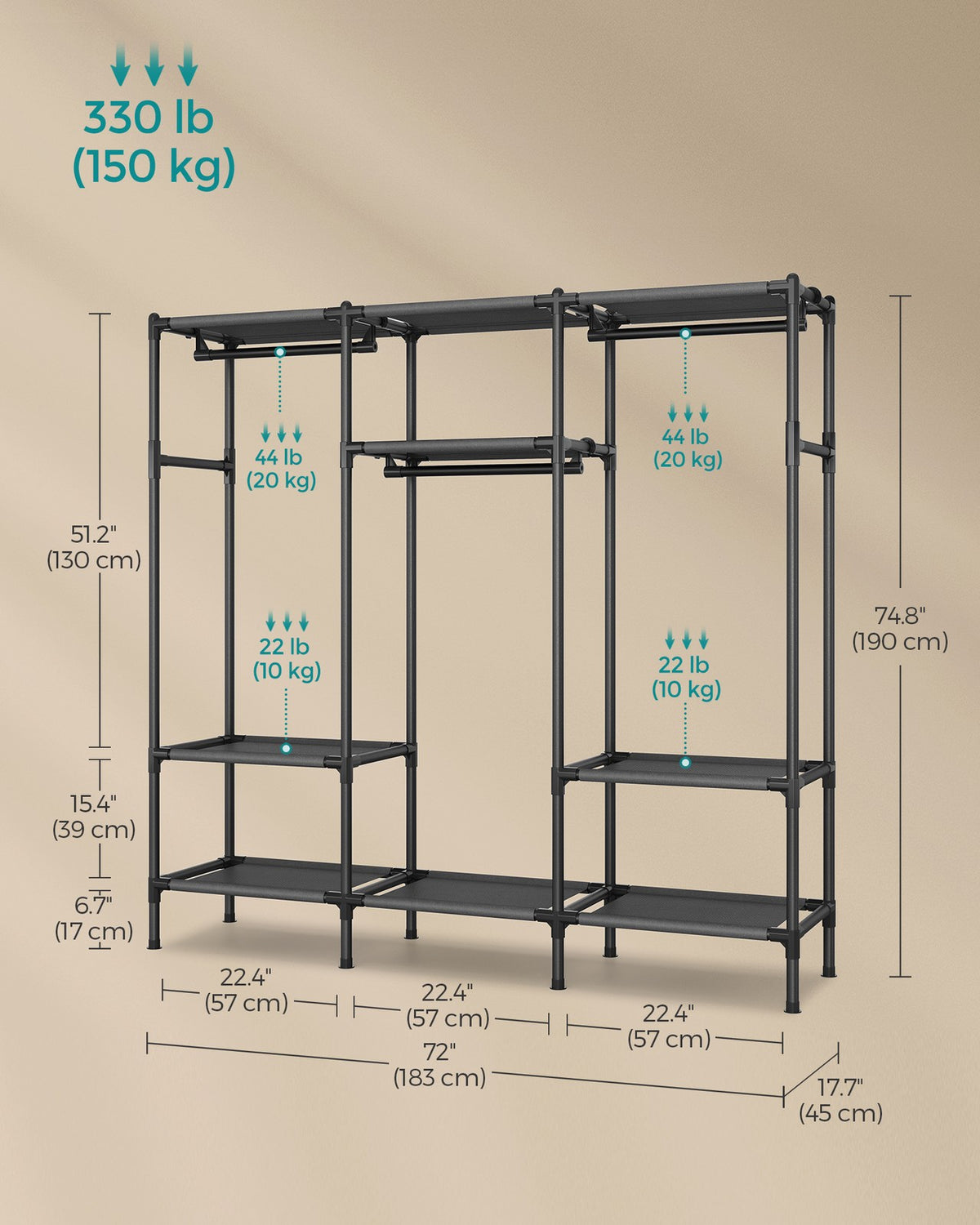 74.8” High Clothes Rack With Hanging Rails - product photo 05
