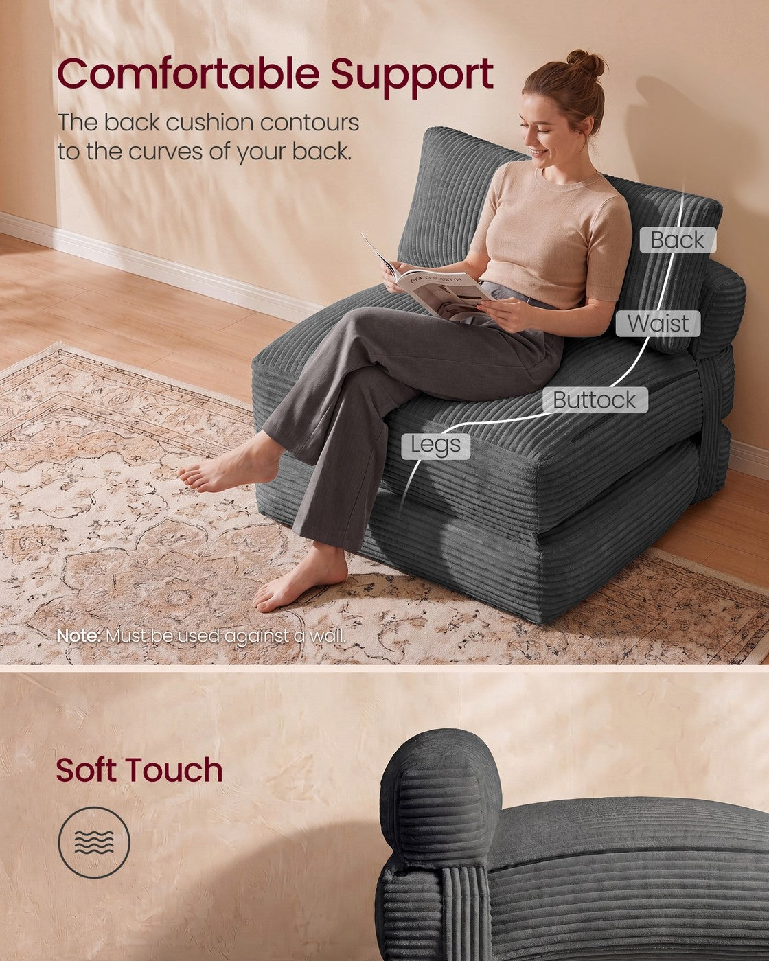 Folding Sofa Bed Convertible Chair Bed With Pillow Sleeper Chair - product photo 03