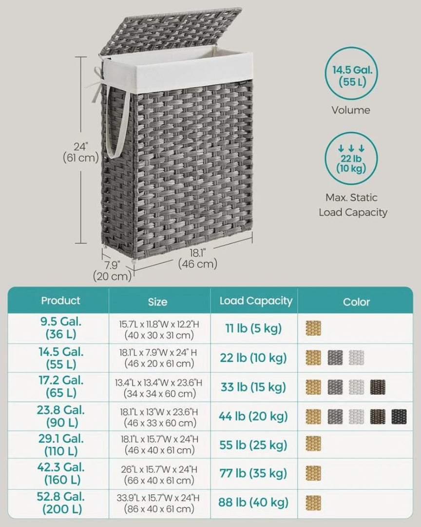Slim Laundry Hamper With Lid 14.5 Gallon Rattan Basket – product view 10 | Stanwick Interiors