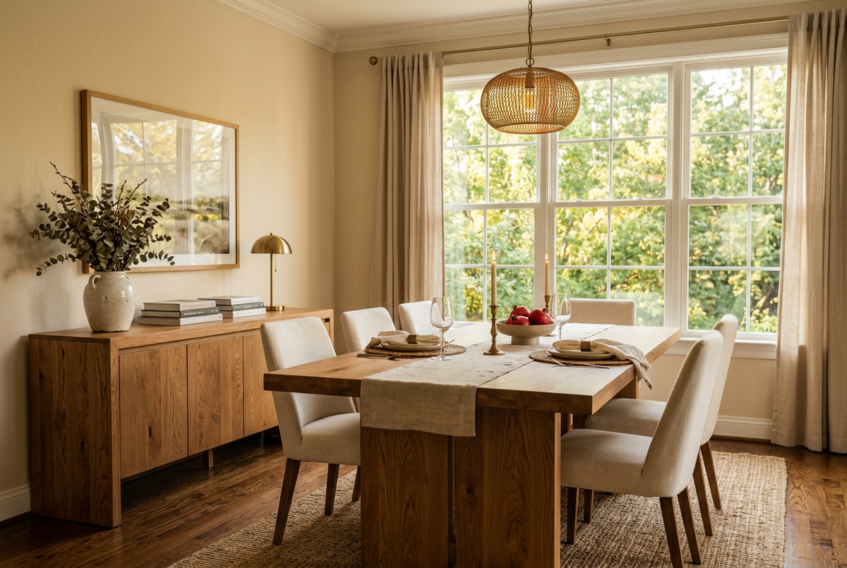 Warm dining room with solid oak dining table, cream upholstered chairs and wooden sideboard