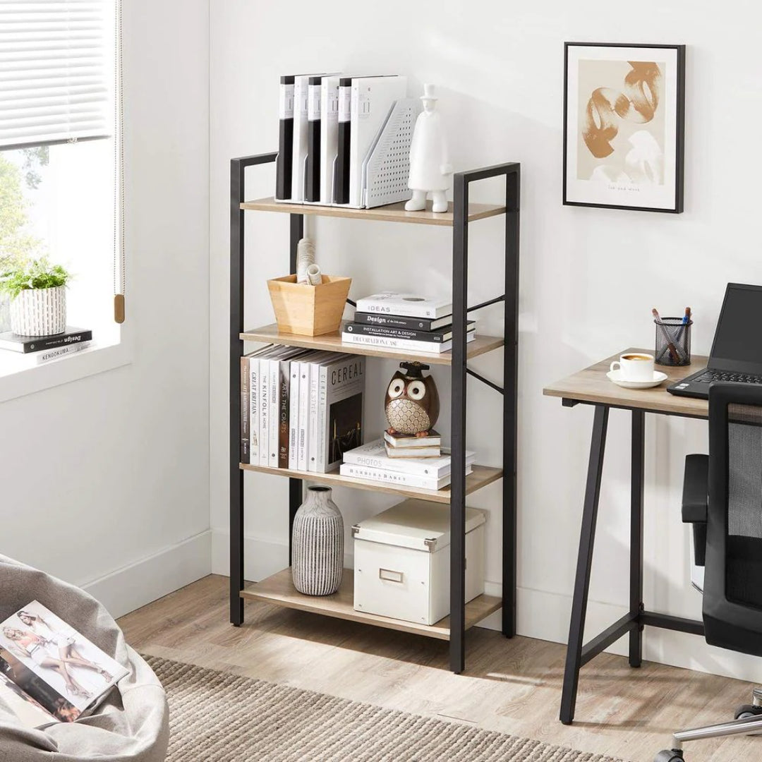 4 Tier Bookshelf With Steel Frame Industrial Storage Shelf – product view 10 | Stanwick Interiors