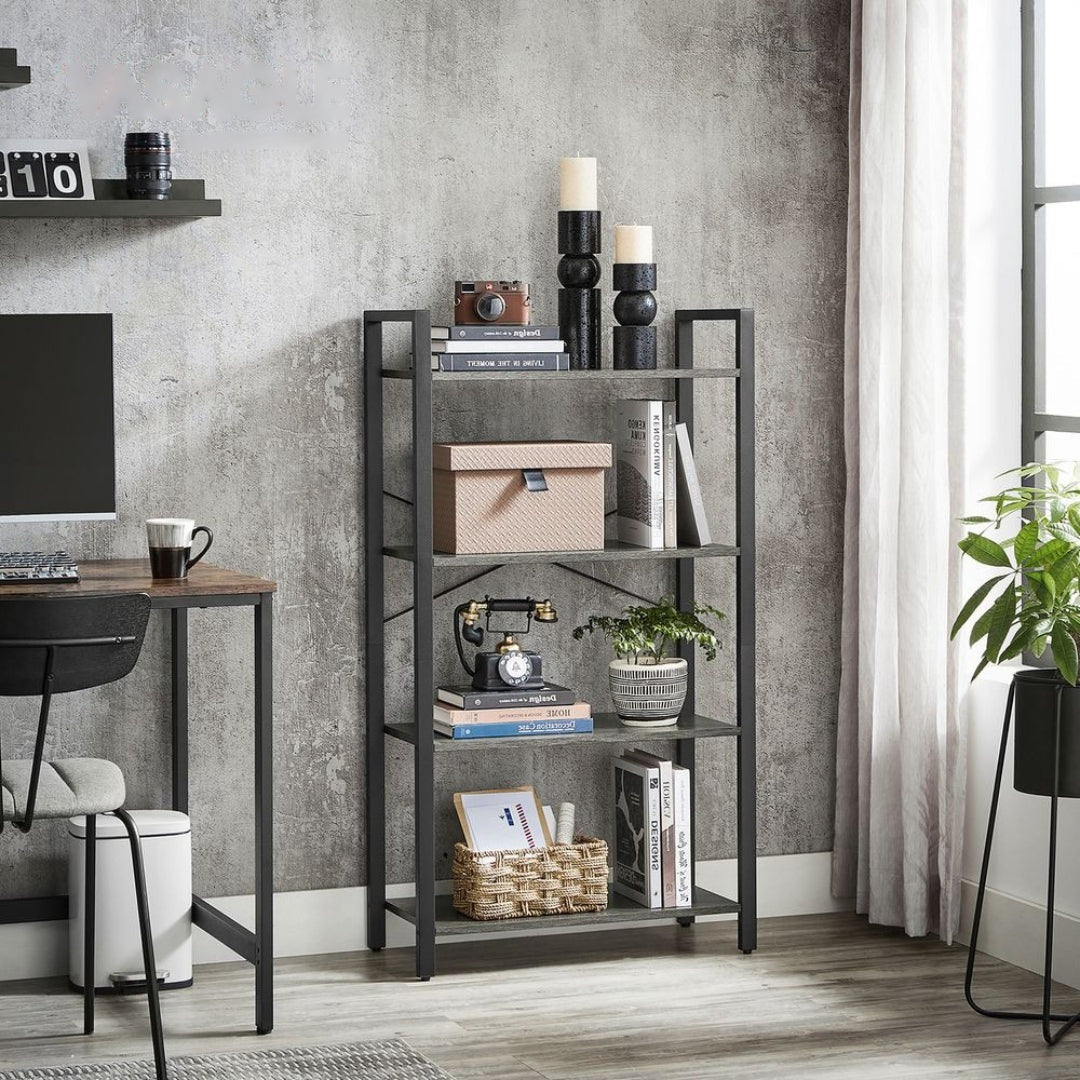 4 Tier Bookshelf With Steel Frame Industrial Storage Shelf – product view 16 | Stanwick Interiors