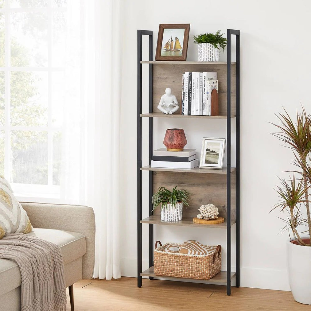 5 Tier Bookshelf With Steel Frame Industrial Bookcase – product view 3 | Stanwick Interiors