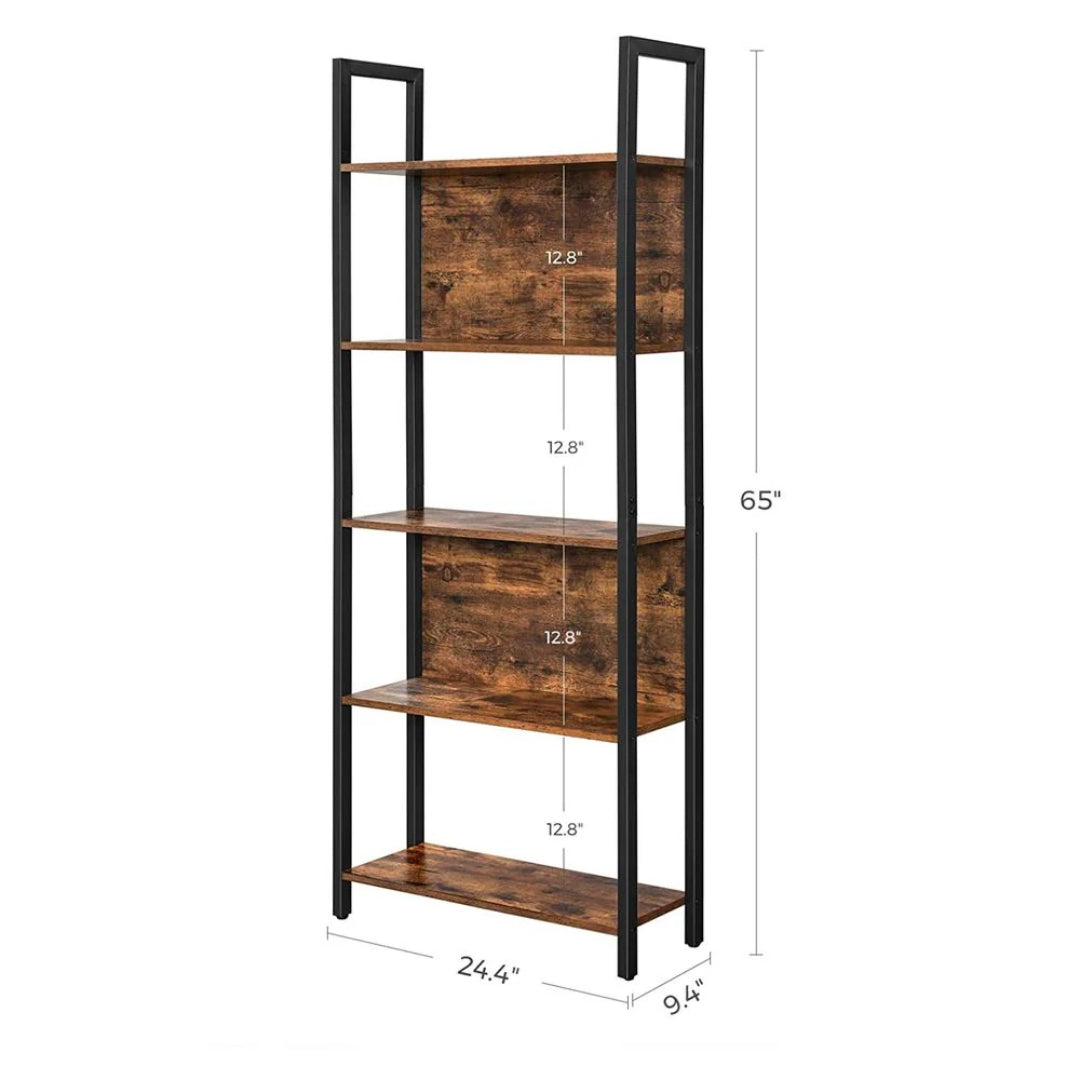 5 Tier Bookshelf With Steel Frame Industrial Bookcase – product view 13 | Stanwick Interiors