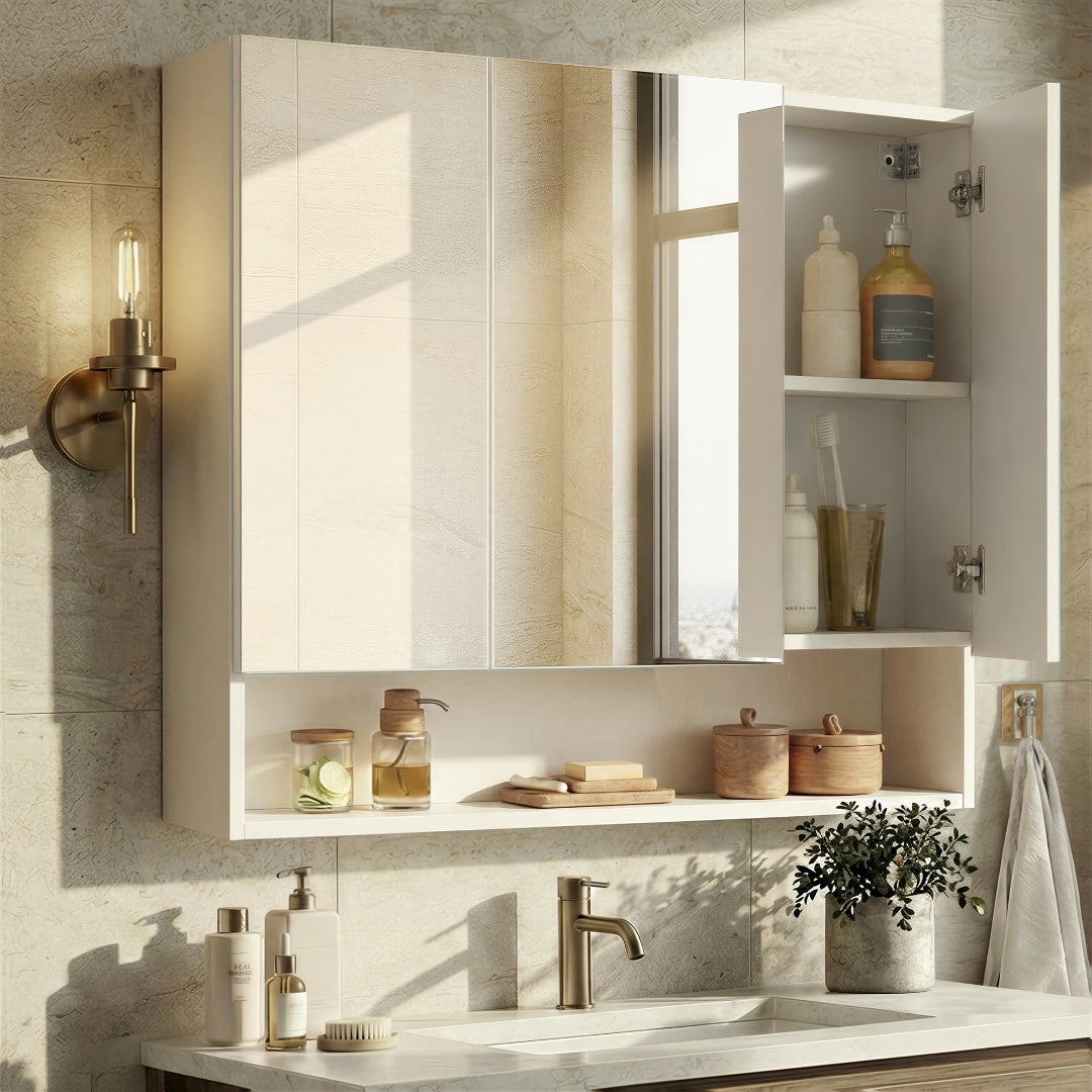 Bathroom Mirror Cabinet With Storage Wall Mounted 35.4in Wide – product view 1 | Stanwick Interiors