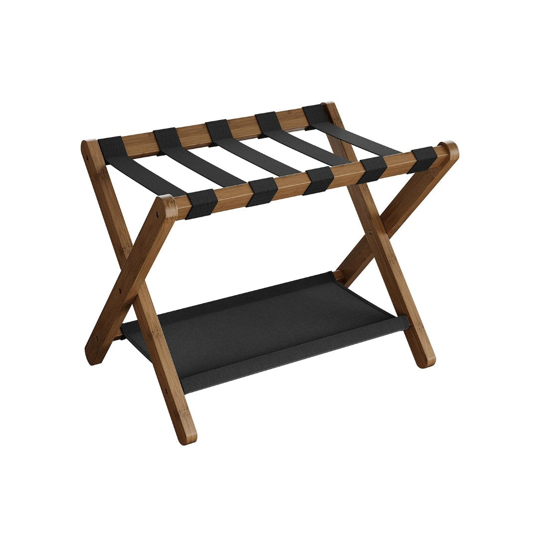 Folding Luggage Rack With Storage Shelf Bamboo Suitcase Stand – product view 2 | Stanwick Interiors