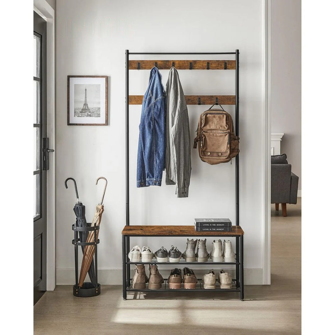 Hall Tree With Shoe Storage Bench & 9 Hooks Entryway Coat Rack – product view 2 | Stanwick Interiors