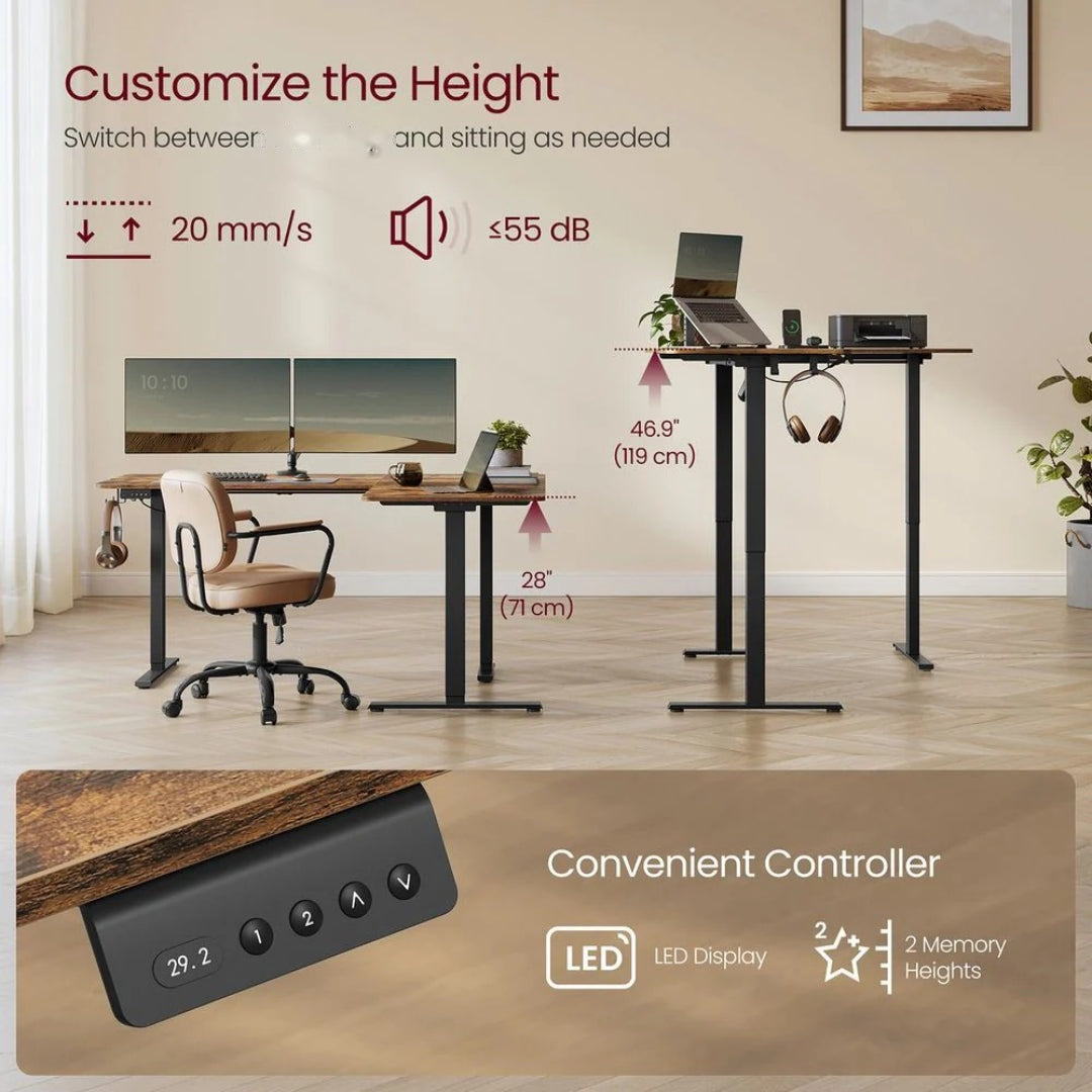 L Shaped Electric Standing Desk With Power Outlets – product view 4 | Stanwick Interiors