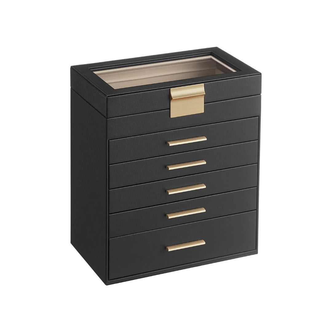 Large Jewelry Box With Glass Lid 4 Or 6 Layer Organizer – product view 8 | Stanwick Interiors