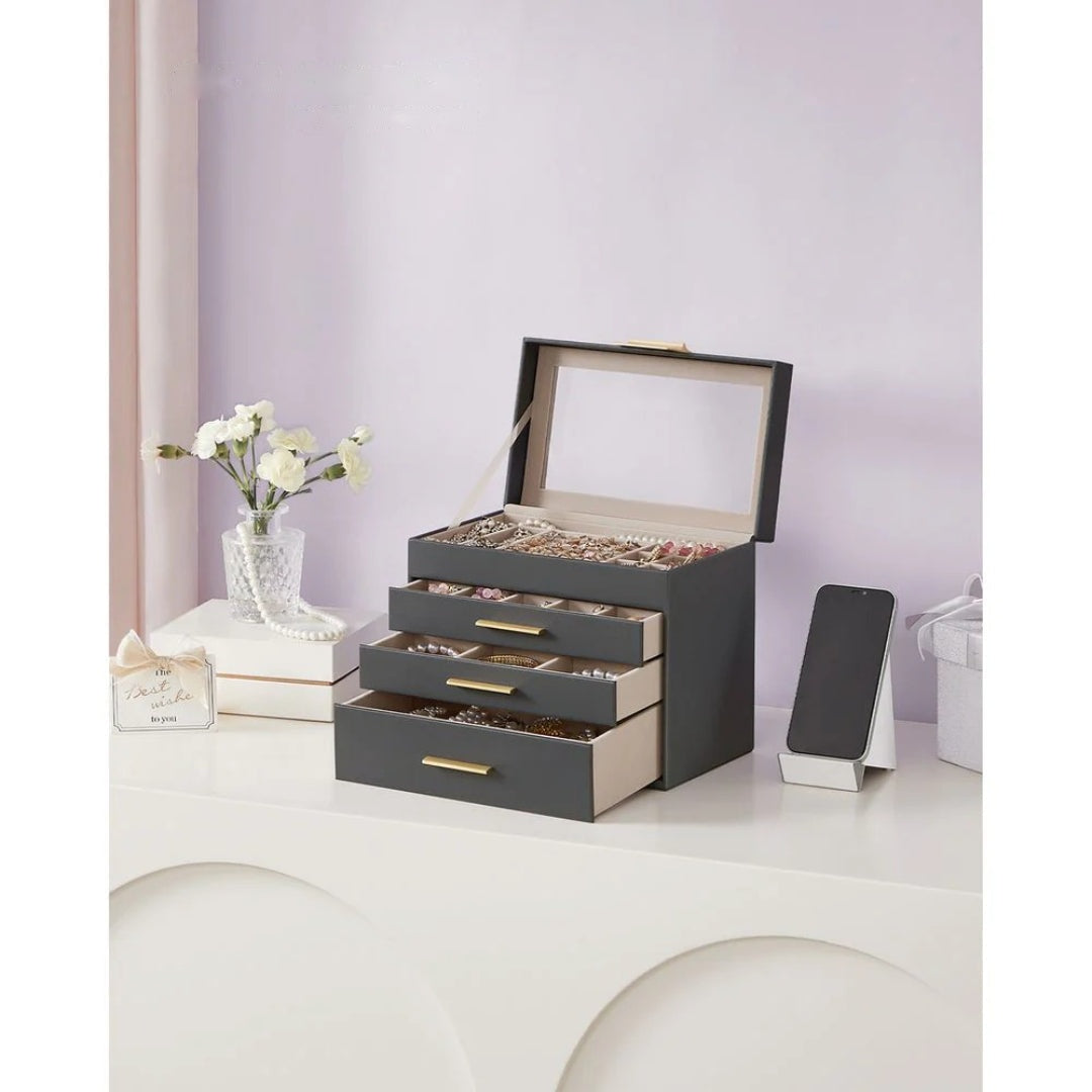 Large Jewelry Box With Glass Lid 4 Or 6 Layer Organizer – product view 30 | Stanwick Interiors