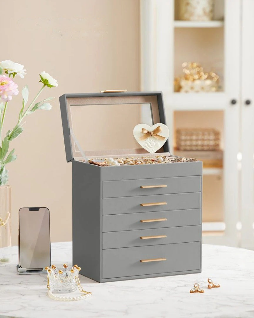 Large Jewelry Box With Glass Lid 4 Or 6 Layer Organizer – product view 36 | Stanwick Interiors