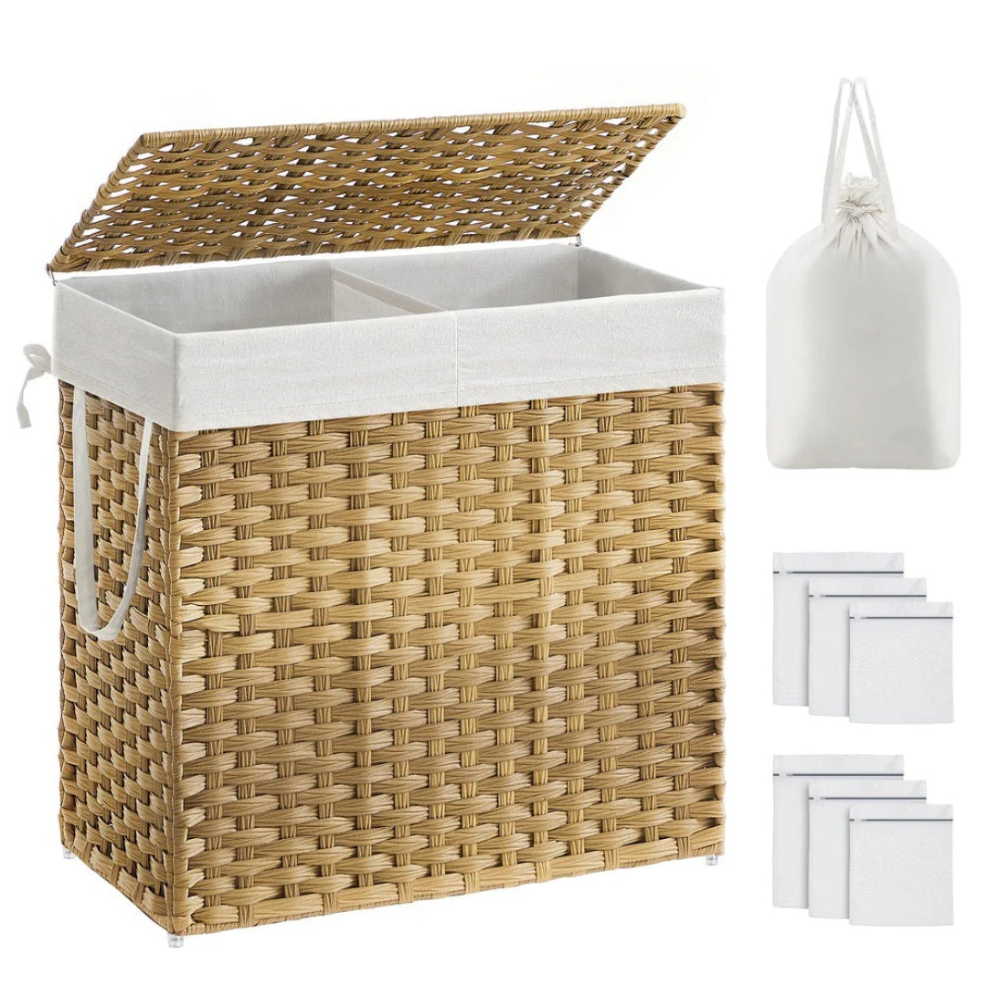 Laundry Hamper With Lid 34 Gallon 2 Section Rattan Basket – product view 1 | Stanwick Interiors