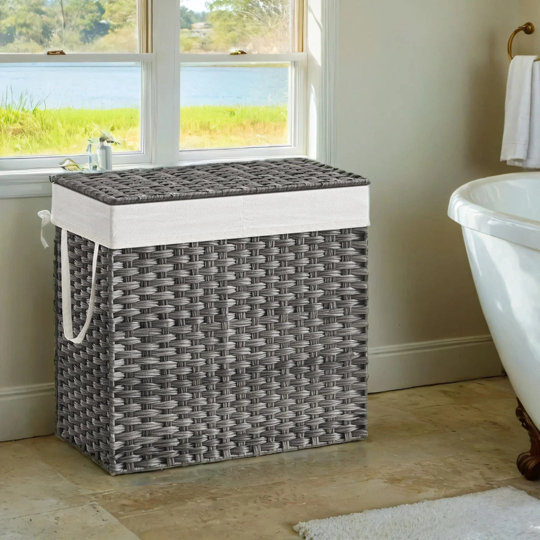 Laundry Hamper With Lid 34 Gallon 2 Section Rattan Basket – product view 2 | Stanwick Interiors