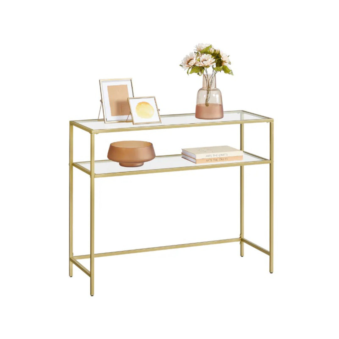Console Table With Glass Shelves & Gold Frame Sofa Table – product view 1 | Stanwick Interiors