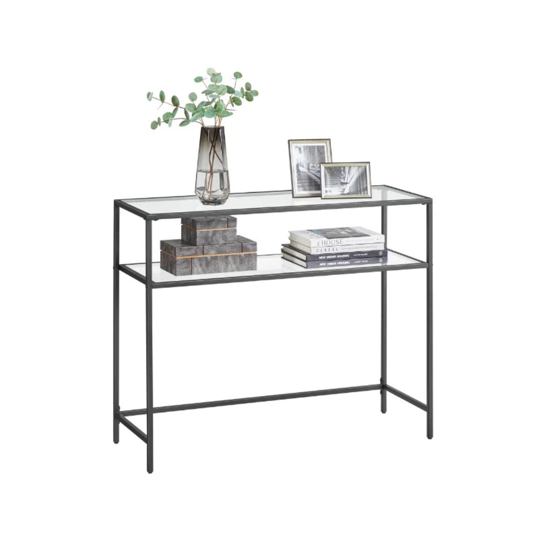 Console Table With Glass Shelves & Gold Frame Sofa Table – product view 2 | Stanwick Interiors
