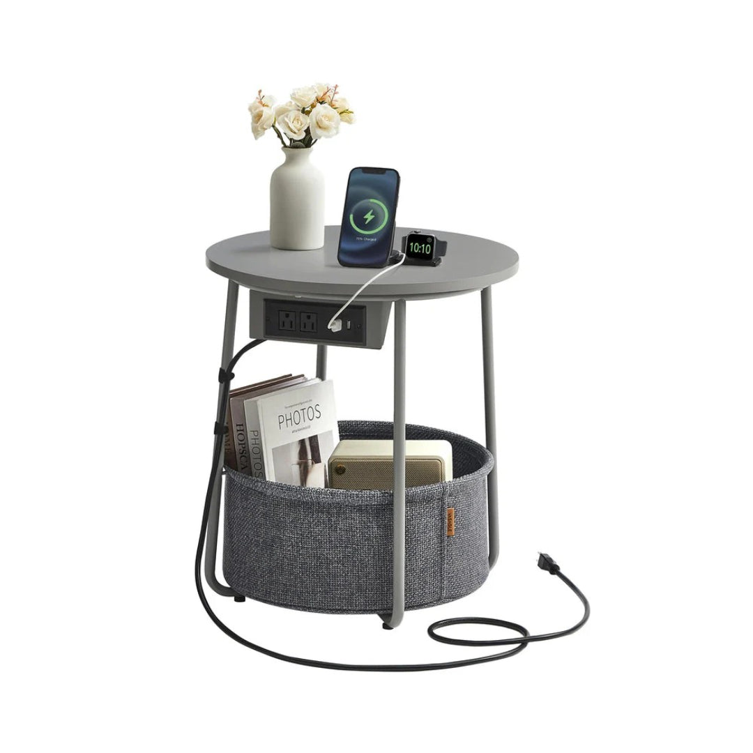 Round Side Table with Charging Station and Fabric Basket Storage – product view 2 | Stanwick Interiors