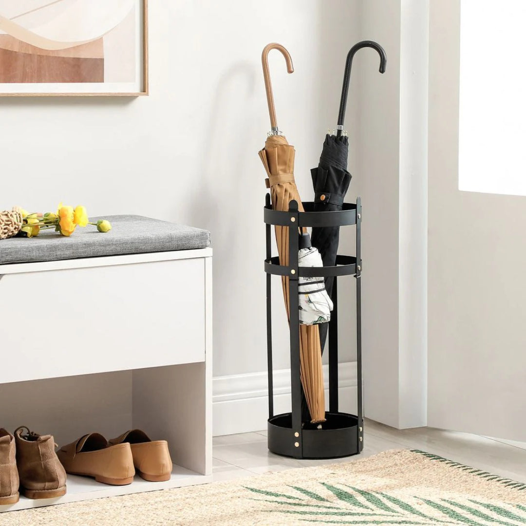 Steel Umbrella Holder Stand With Drip Tray & Hooks Round Rack – product view 2 | Stanwick Interiors
