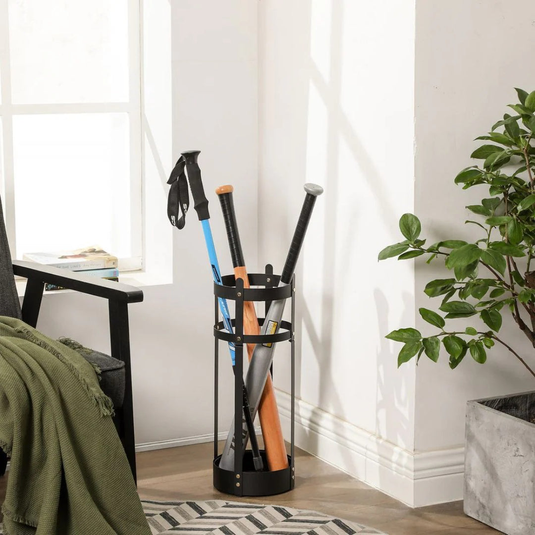 Steel Umbrella Holder Stand With Drip Tray & Hooks Round Rack – product view 4 | Stanwick Interiors