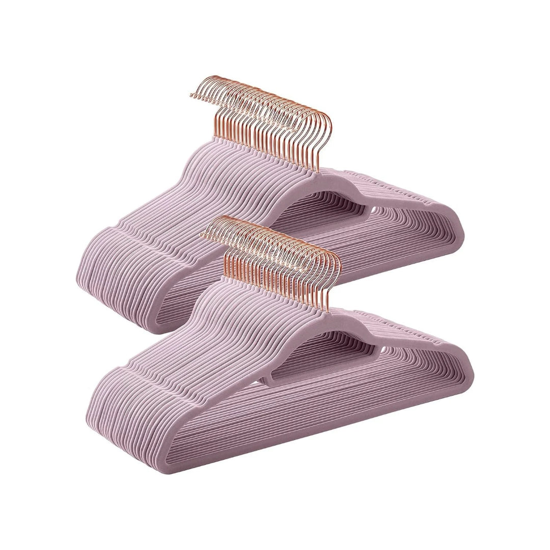 Velvet Clothes Hangers Set Of 50 Or 60 With Rose Gold Hook – product view 2 | Stanwick Interiors