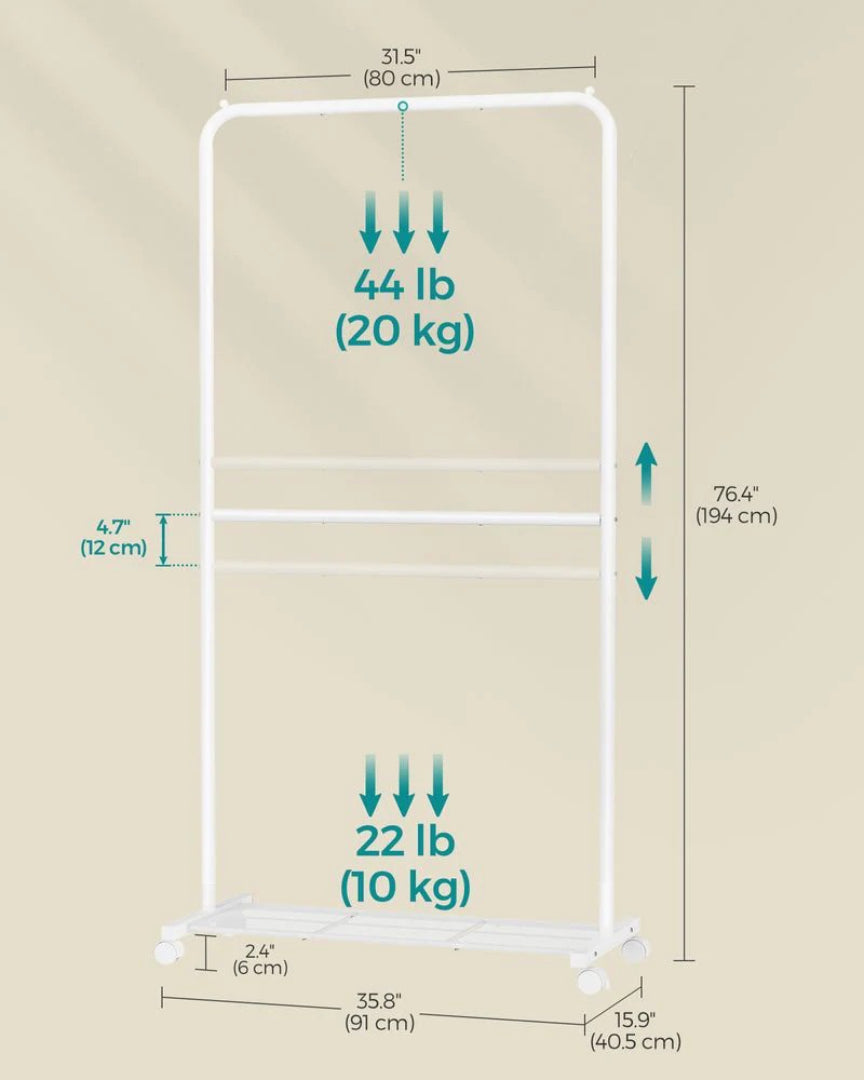 Clothes Rack Double Rod Rolling Garment Rack 35.8in Wide – product view 8 | Stanwick Interiors