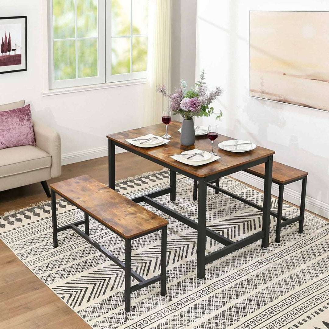 Set of 2 Dining Table Benches with Rustic Wood Top and Metal Frame – product view 2 | Stanwick Interiors